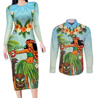 Hawaii Lei Day Couples Matching Long Sleeve Bodycon Dress and Long Sleeve Button Shirt Hula Girl With Tropical Forest DT04 Blue - Polynesian Pride