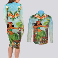 Hawaii Lei Day Couples Matching Long Sleeve Bodycon Dress and Long Sleeve Button Shirt Hula Girl With Tropical Forest DT04 - Polynesian Pride