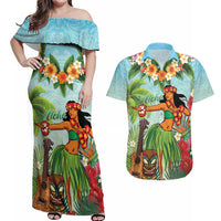 Hawaii Lei Day Couples Matching Off Shoulder Maxi Dress and Hawaiian Shirt Hula Girl With Tropical Forest DT04 Blue - Polynesian Pride