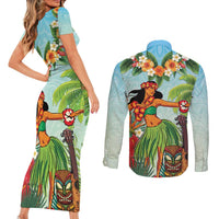 Hawaii Lei Day Couples Matching Short Sleeve Bodycon Dress and Long Sleeve Button Shirt Hula Girl With Tropical Forest DT04 - Polynesian Pride