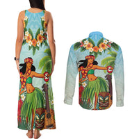 Hawaii Lei Day Couples Matching Tank Maxi Dress and Long Sleeve Button Shirt Hula Girl With Tropical Forest DT04 - Polynesian Pride