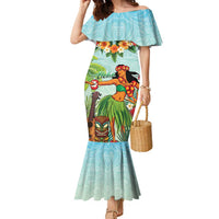 Hawaii Lei Day Family Matching Mermaid Dress and Hawaiian Shirt Hula Girl With Tropical Forest DT04 Mom's Dress Blue - Polynesian Pride