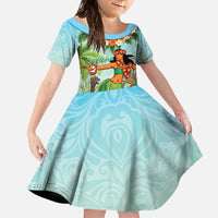Hawaii Lei Day Family Matching Off The Shoulder Long Sleeve Dress and Hawaiian Shirt Hula Girl With Tropical Forest DT04 Daughter's Dress Blue - Polynesian Pride