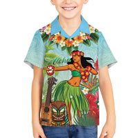 Hawaii Lei Day Family Matching Off The Shoulder Long Sleeve Dress and Hawaiian Shirt Hula Girl With Tropical Forest DT04 Son's Shirt Blue - Polynesian Pride