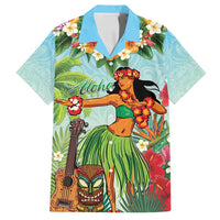 Hawaii Lei Day Family Matching Off Shoulder Short Dress and Hawaiian Shirt Hula Girl With Tropical Forest DT04 Dad's Shirt - Short Sleeve Blue - Polynesian Pride