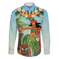 Hawaii Lei Day Family Matching Puletasi and Hawaiian Shirt Hula Girl With Tropical Forest DT04 Dad's Shirt - Long Sleeve Blue - Polynesian Pride