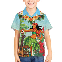 Hawaii Lei Day Family Matching Puletasi and Hawaiian Shirt Hula Girl With Tropical Forest DT04 Son's Shirt Blue - Polynesian Pride