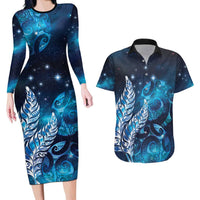 New Zealand Matariki Couples Matching Long Sleeve Bodycon Dress and Hawaiian Shirt Maori Koru Mix Silver Fern DT04 Blue - Polynesian Pride