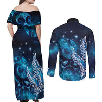 New Zealand Matariki Couples Matching Off Shoulder Maxi Dress and Long Sleeve Button Shirt Maori Koru Mix Silver Fern DT04 - Polynesian Pride
