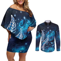 New Zealand Matariki Couples Matching Off Shoulder Short Dress and Long Sleeve Button Shirt Maori Koru Mix Silver Fern DT04 Blue - Polynesian Pride