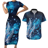 New Zealand Matariki Couples Matching Short Sleeve Bodycon Dress and Hawaiian Shirt Maori Koru Mix Silver Fern DT04 Blue - Polynesian Pride