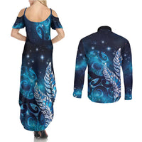 New Zealand Matariki Couples Matching Summer Maxi Dress and Long Sleeve Button Shirt Maori Koru Mix Silver Fern DT04 - Polynesian Pride