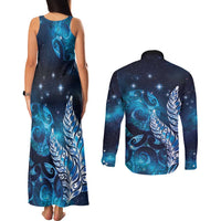 New Zealand Matariki Couples Matching Tank Maxi Dress and Long Sleeve Button Shirt Maori Koru Mix Silver Fern DT04 - Polynesian Pride