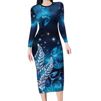 New Zealand Matariki Family Matching Long Sleeve Bodycon Dress and Hawaiian Shirt Maori Koru Mix Silver Fern DT04 Mom's Dress Blue - Polynesian Pride