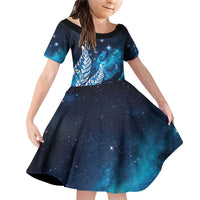 New Zealand Matariki Family Matching Off Shoulder Short Dress and Hawaiian Shirt Maori Koru Mix Silver Fern DT04 Daughter's Dress Blue - Polynesian Pride