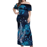New Zealand Matariki Off Shoulder Maxi Dress Maori Koru Mix Silver Fern