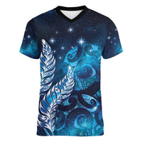 New Zealand Matariki Women V-Neck T-Shirt Maori Koru Mix Silver Fern DT04 Female Blue - Polynesian Pride