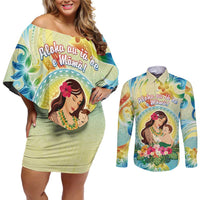 Personalised Hawaii Mother's Day Couples Matching Off Shoulder Short Dress and Long Sleeve Button Shirt I Love You Mom DT04 Yellow - Polynesian Pride