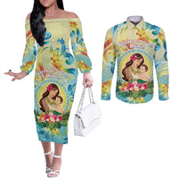 Personalised Hawaii Mother's Day Couples Matching Off The Shoulder Long Sleeve Dress and Long Sleeve Button Shirt I Love You Mom DT04 Yellow - Polynesian Pride