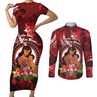 Personalised New Zealand Mother's Day Couples Matching Short Sleeve Bodycon Dress and Long Sleeve Button Shirt I Love You Mom DT04 Red - Polynesian Pride