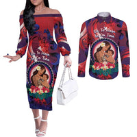 Personalised Samoa Mother's Day Couples Matching Off The Shoulder Long Sleeve Dress and Long Sleeve Button Shirt I Love You Mom DT04 Red - Polynesian Pride