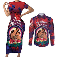 Personalised Samoa Mother's Day Couples Matching Short Sleeve Bodycon Dress and Long Sleeve Button Shirt I Love You Mom DT04 Red - Polynesian Pride