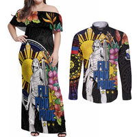 Filipinos Lapu-Lapu Hero Philippines Couples Matching Off Shoulder Maxi Dress and Long Sleeve Button Shirt Hibiscus Flowers Style DT04 Black - Polynesian Pride