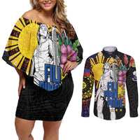 Filipinos Lapu-Lapu Hero Philippines Couples Matching Off Shoulder Short Dress and Long Sleeve Button Shirt Hibiscus Flowers Style DT04 Black - Polynesian Pride