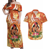 Personalised Tonga Mother's Day Couples Matching Off Shoulder Maxi Dress and Hawaiian Shirt I Love You Mom DT04 Orange - Polynesian Pride