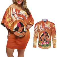 Personalised Tonga Mother's Day Couples Matching Off Shoulder Short Dress and Long Sleeve Button Shirt I Love You Mom DT04 Orange - Polynesian Pride