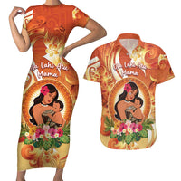Personalised Tonga Mother's Day Couples Matching Short Sleeve Bodycon Dress and Hawaiian Shirt I Love You Mom DT04 Orange - Polynesian Pride