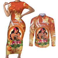 Personalised Tonga Mother's Day Couples Matching Short Sleeve Bodycon Dress and Long Sleeve Button Shirt I Love You Mom DT04 Orange - Polynesian Pride
