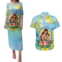 Personalised Fiji Mother's Day Couples Matching Puletasi and Hawaiian Shirt I Love You Mom DT04 Blue - Polynesian Pride