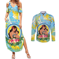 Personalised Fiji Mother's Day Couples Matching Summer Maxi Dress and Long Sleeve Button Shirt I Love You Mom DT04 Blue - Polynesian Pride