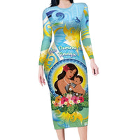 Personalised Fiji Mother's Day Long Sleeve Bodycon Dress I Love You Mom DT04 Long Dress Blue - Polynesian Pride