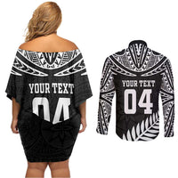 Custom New Zealand Rugby Couples Matching Off Shoulder Short Dress and Long Sleeve Button Shirt Silver Fern Maori Pattern