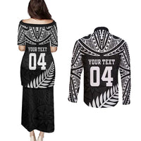 Custom New Zealand Rugby Couples Matching Puletasi and Long Sleeve Button Shirt Silver Fern Maori Pattern