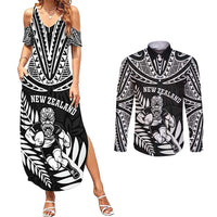 Custom New Zealand Rugby Couples Matching Summer Maxi Dress and Long Sleeve Button Shirt Silver Fern Maori Pattern
