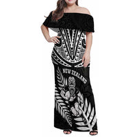 Custom New Zealand Rugby Family Matching Off Shoulder Maxi Dress and Hawaiian Shirt Silver Fern Maori Pattern DT04 Mom's Dress Black - Polynesian Pride