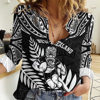 Custom New Zealand Rugby Women Casual Shirt Silver Fern Maori Pattern