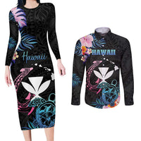 Personalised Hawaii Couples Matching Long Sleeve Bodycon Dress and Long Sleeve Button Shirt Kanaka Maoli With Fish Hook DT04 Black - Polynesian Pride