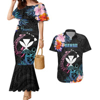 Personalised Hawaii Couples Matching Mermaid Dress and Hawaiian Shirt Kanaka Maoli With Fish Hook DT04 Black - Polynesian Pride