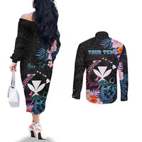 Personalised Hawaii Couples Matching Off The Shoulder Long Sleeve Dress and Long Sleeve Button Shirt Kanaka Maoli With Fish Hook DT04 - Polynesian Pride