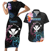 Personalised Hawaii Couples Matching Short Sleeve Bodycon Dress and Hawaiian Shirt Kanaka Maoli With Fish Hook DT04 Black - Polynesian Pride