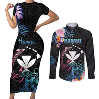 Personalised Hawaii Couples Matching Short Sleeve Bodycon Dress and Long Sleeve Button Shirt Kanaka Maoli With Fish Hook DT04 Black - Polynesian Pride