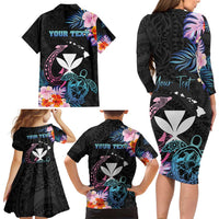 Personalised Hawaii Family Matching Long Sleeve Bodycon Dress and Hawaiian Shirt Kanaka Maoli With Fish Hook DT04 - Polynesian Pride