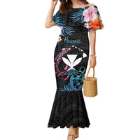 Personalised Hawaii Family Matching Mermaid Dress and Hawaiian Shirt Kanaka Maoli With Fish Hook DT04 Mom's Dress Black - Polynesian Pride