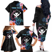 Personalised Hawaii Family Matching Off The Shoulder Long Sleeve Dress and Hawaiian Shirt Kanaka Maoli With Fish Hook DT04 - Polynesian Pride