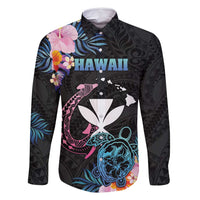 Personalised Hawaii Family Matching Off Shoulder Short Dress and Hawaiian Shirt Kanaka Maoli With Fish Hook DT04 Dad's Shirt - Long Sleeve Black - Polynesian Pride