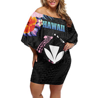 Personalised Hawaii Family Matching Off Shoulder Short Dress and Hawaiian Shirt Kanaka Maoli With Fish Hook DT04 Mom's Dress Black - Polynesian Pride